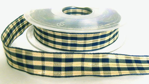 R0465 15mm Navy-Cream-Metallic Gold Stripe Tartan Ribbon, Berisfords