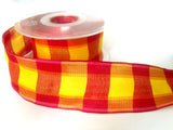 R0506 40mm Red, Yellow and Pink Polyester Gingham Ribbon, Wire Edge