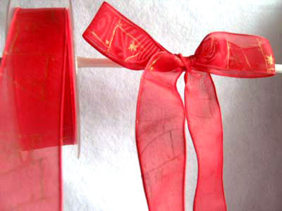 R0548 27mm Red Translucent Ribbon with a Metallic Gold Print - Ribbonmoon