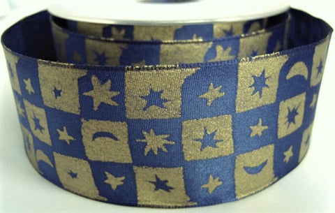 R0689 40mm Navy-Brass Moon-Stars Print Taffeta Ribbon, Berisfords