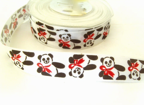 R0880 23mm White, Black and Red  Single Face Satin Panda Print Ribbon
