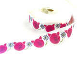 R0881 25mm White Satin Ribbon with a Printed Pig and Flower Design