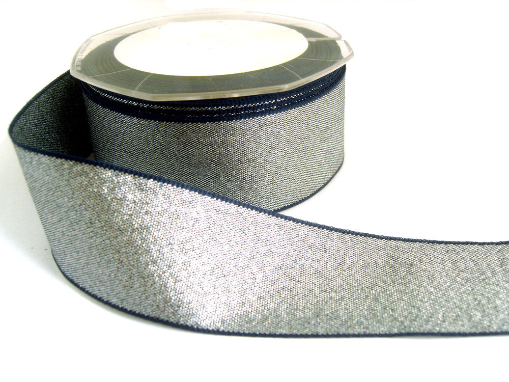Small Ribbon Shot 37mm Silver & Navy Shot Lame Ribbon โ Ribbonmoon