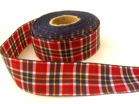 R1048 38mm Red, Navy, Yellow and White Plaid Tartan Ribbon. Wired