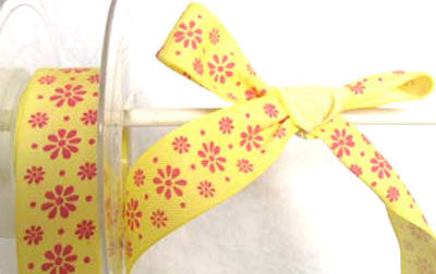 R1071 24mm Lemon Acrylic Tape Ribbon with a Pink Flowery Print - Ribbonmoon