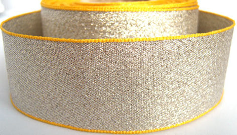 R1080 38mm Silver Metallic Lame Double Face Ribbon with Yellow Borders