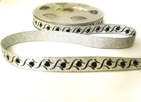 R1086 13mm Silver and Black Metallic Love Heart Design Printed Ribbon