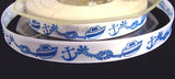 R1091 10mm White Satin Ribbon with a Blue Printed Nautical Design - Ribbonmoon