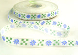 R1103 10mm White Satin Ribbon with a Green and Blue Flowery Design