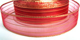 R1006 24mm Red Sheer Ribbon with Thin Metallic Gold Stripes