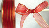 R1006 24mm Red Sheer Ribbon with Thin Metallic Gold Stripes