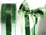 R1240 52mm Bottle Green Sheer and Satin Ribbon with Thin Metallic Gold Stripes - Ribbonmoon