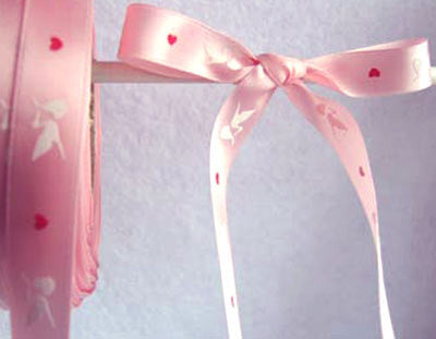 R1244 13mm Pink, Red and White Printed Stork and Love Heart Ribbon - Ribbonmoon