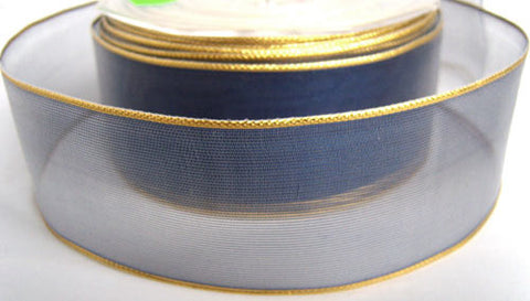 R1248C 40mm Blue Water Resistant Sheer Ribbon, Gold Metallic Borders 