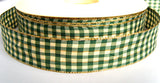R1290 27mm Green, Natural Cream Gingham Ribbon with Metallic Stripes - Ribbonmoon