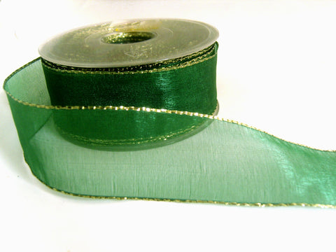 R1308 37mm Bottle Green Sheer Ribbon with Gold Metallic Borders