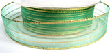 R1322 25mm Green Sheer Ribbon with Thin Metallic Gold Stripes - Ribbonmoon