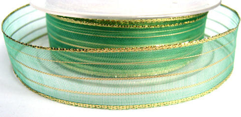 R1322 25mm Green Sheer Ribbon with Thin Metallic Gold Stripes - Ribbonmoon