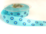 R1346 22mm Turquoise Satin Ribbon with a Metallic Silver and Blue Print