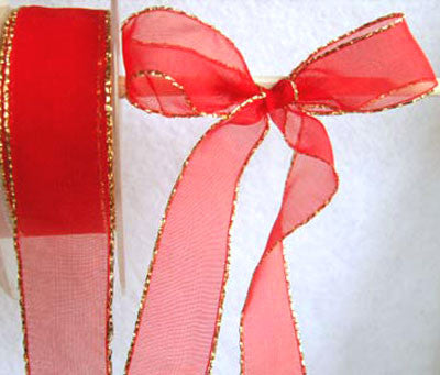 R1387 24mm Red Sheer Ribbon with Metallic Gold Borders - Ribbonmoon