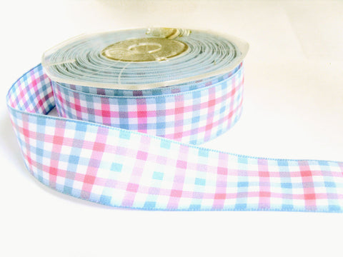 R1392 25mm Pink, Blue and White Polyester Gingham Ribbon