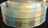 R1474 39mm Sheer Check Ribbon with Metallic Silver, Blue and Cream. Wire Edge - Ribbonmoon