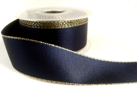 R1536 34mm Navy Double Faced Satin Ribbon, Metallic Gold Edge