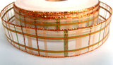 R1586 25mm Copper, Ecru and Green Sheer and Metallic Check Ribbon - Ribbonmoon