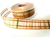 R1586 25mm Copper, Ecru and Green Sheer and Metallic Check Ribbon