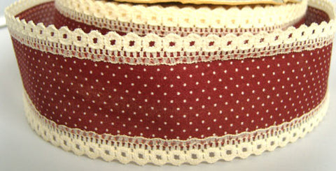 R1695 50mm Burgundy Cotton Ribbon with a Polka Dot Design and Linen Lace - Ribbonmoon