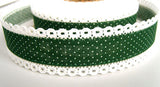 R1703 32mm Green POlka Dot Cotton Ribbon with White Linen Lace Edge - Ribbonmoon