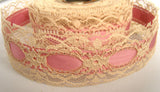 R1716 38mm Beige Lace over a Dusky Pink Acetate Grosgrain Ribbon - Ribbonmoon