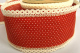 R1718 66mm Russet Polka Dot Cotton Ribbon with Cream Linen Lace Edges - Ribbonmoon