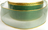 R1729 40mm Green Water Resistant Sheer Ribbon with Metallic Gold Borders. Wire Edge - Ribbonmoon