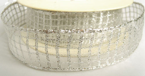 R1732L 30mm Metallic Silver Check Mesh Ribbon with Wired Edges