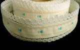 R1735 34mm White and Turquoise Blue Cotton and Lace Love Heart Ribbon - Ribbonmoon