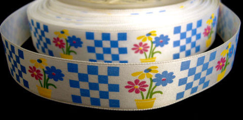 R1757 25mm White Satin Ribbon with a Check and Flowery Print - Ribbonmoon