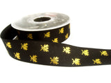 R1792 25mm Black and Metallic Gold Taffeta Ribbon with a Bee Print Design