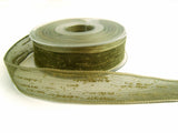 R2061 23mm Khaki Green Feather Sheer Ribbon. Wire Edge, Berisfords