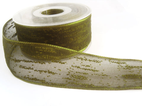 R2065 35mm Cypress Green Feather Sheer Ribbon. Wire Edge, Berisfords