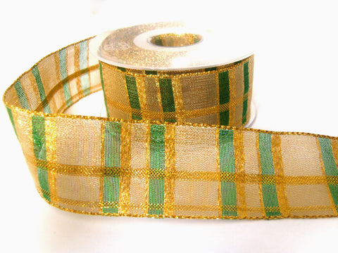 R2081 40mm Metallic Gold and Bottle Green Mesh Check Ribbon