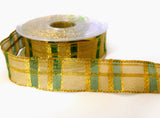 R2082 25mm Metallic Gold and Bottle Green Mesh Check Ribbon