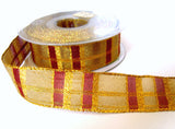 R2084 26mm Metallic Gold and Scarlet Berry Mesh Check Ribbon