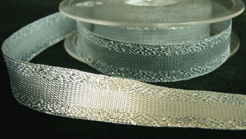 R2093 16mm Metallic Silver Lurex Ribbon with Patterned Borders - Ribbonmoon