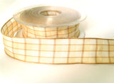 R2107 26mm Creams and Beige Polyester Gingham Ribbon, Wire Edge