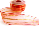 R2113 40mm Red Sheer Ribbon with Metallic Gold Stripes by Berisfords