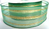 R2114 41mm Bottle Green Sheer Ribbon with Metallic Gold Stripes - Ribbonmoon