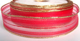 R2146 27mm Red Sheer Striped Ribbon with Metallic Gold Borders. Wire Edge - Ribbonmoon