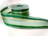 R2157 40mm Green Sheer Ribbon with Solid Satin and Gold Metallic Stripes