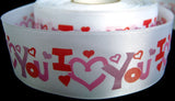 R2258 37mm White, Red and Pinks Satin Love Heart Printed Ribbon - Ribbonmoon